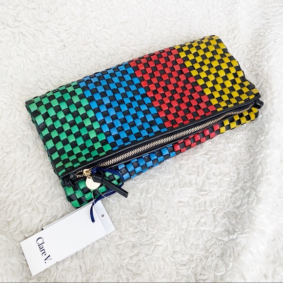 Clare V. Woven Stripe Leather Foldover Clutch NWT Convertible - Picture 2 of 9